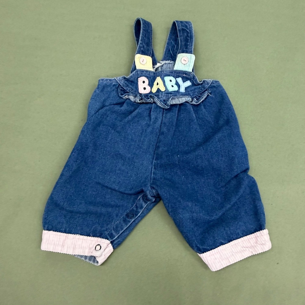 Vintage Denim Baby Overalls 0-6M Blue Cotton Embroidered Corduroy Trim Ruffle